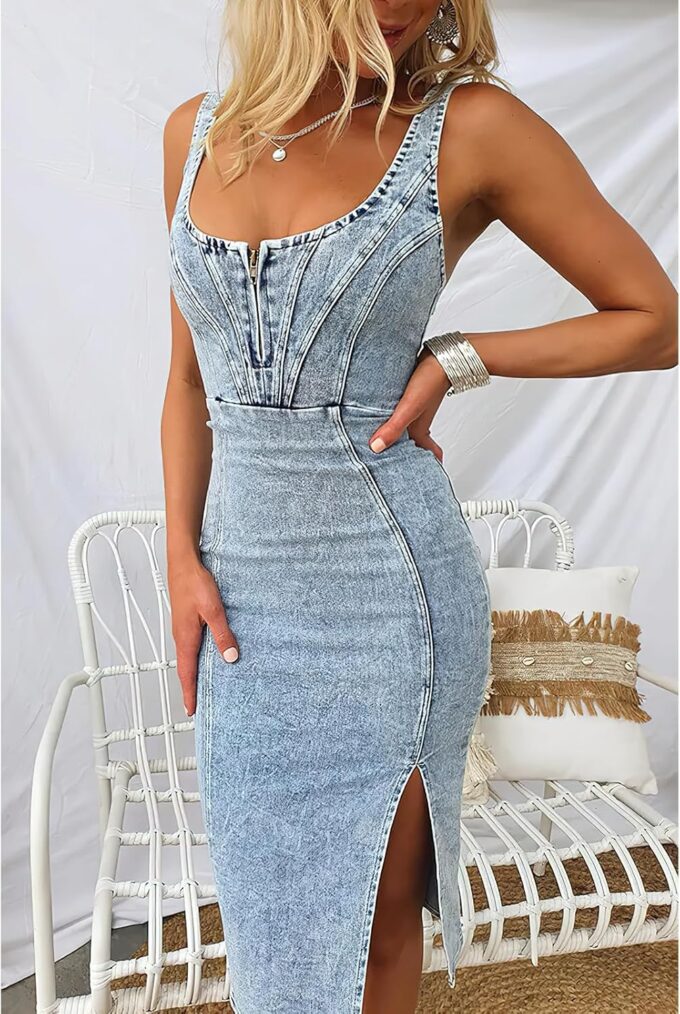 ebossy Women's Sleeveless Bodycon Denim Dress Zipper Up Side Split Casual Slim Mid Long Jean Dresses – Bild 3
