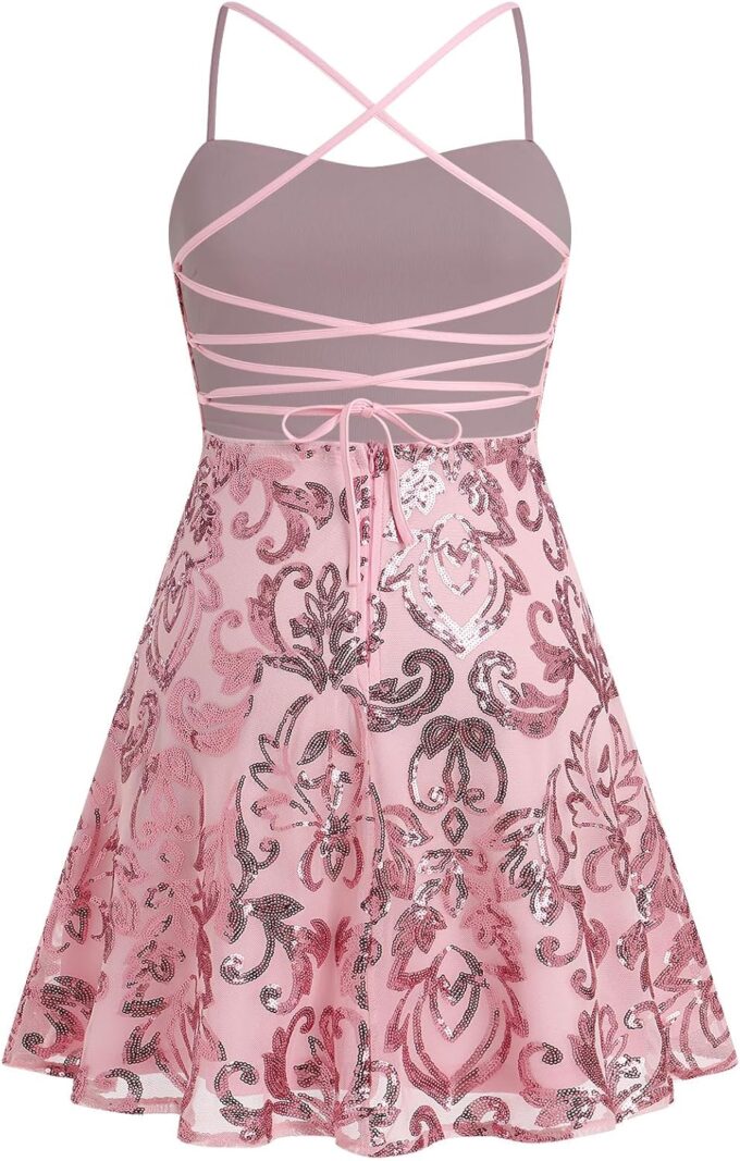 ODIZLI Short Prom Sequin Dresses for Teens Skater Dress for Women Spaghetti Straps Sparkly A Line Swing Dresses – Bild 7