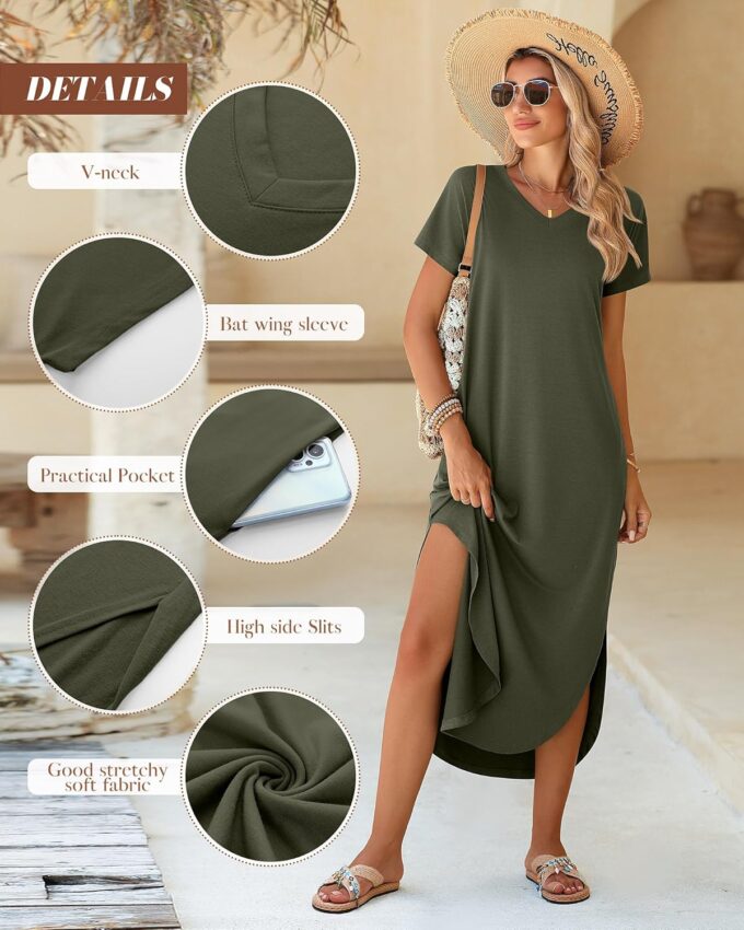 Riyiper 2 Piece Women's Short Sleeve Maxi Dress with Pockets V Neck Split Casual Loose Long Summer Beach Shirt Dress – Bild 5