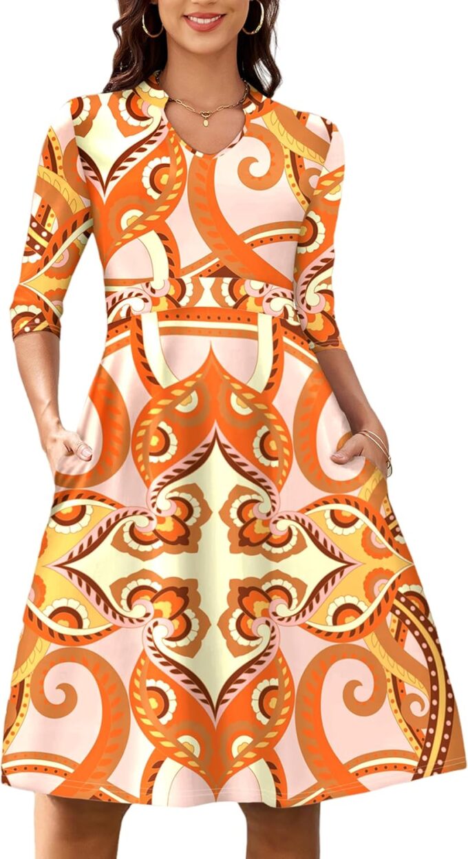 MAKABO Women's 2025 Church Elegant Dresses, 3/4 Sleeve V Neck Cocktail Dress with Pockets for Fall Winter