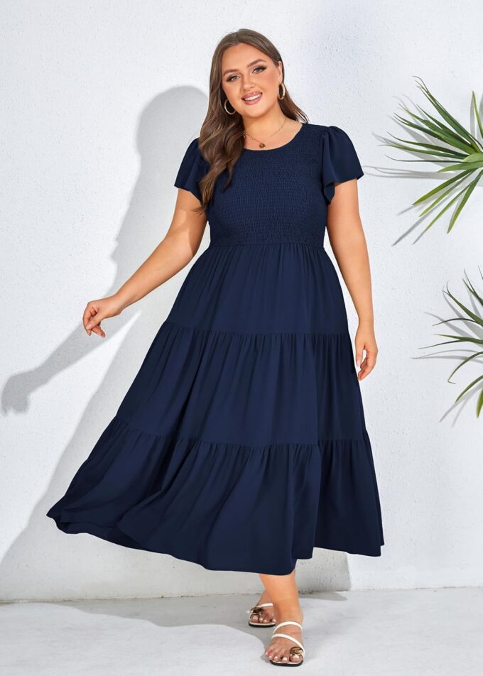 KIMCURVY Women's Plus Size Summer Casual Dress Crew Neck Flutter Short Sleeve Smocked Tiered Maxi Dress with Pockets – Bild 5