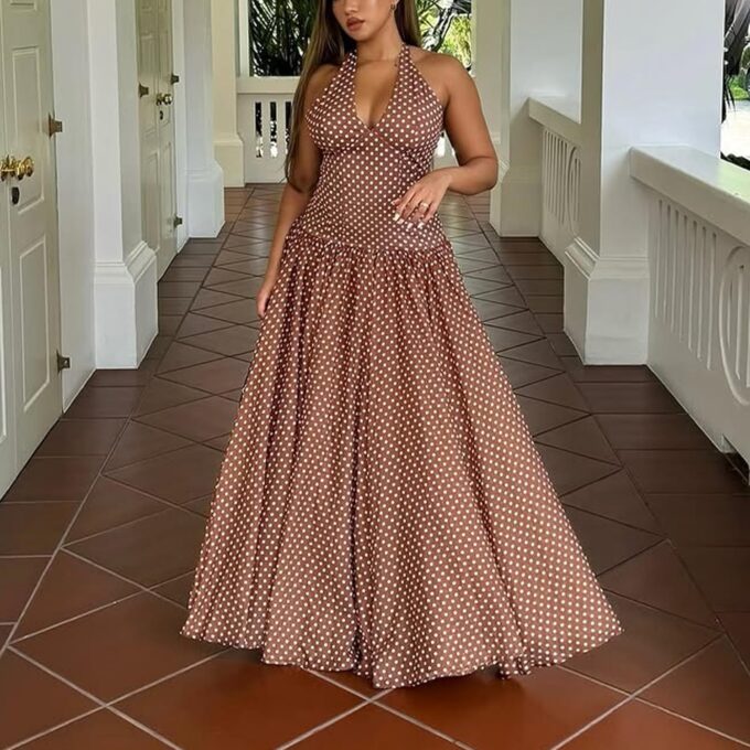 Women’s Elegant Frankie Polka Dot Maxi Dress Summer Vintage Halter Neck Drop Waist Flowy Wedding Guest Brunch Beach Dress – Bild 5