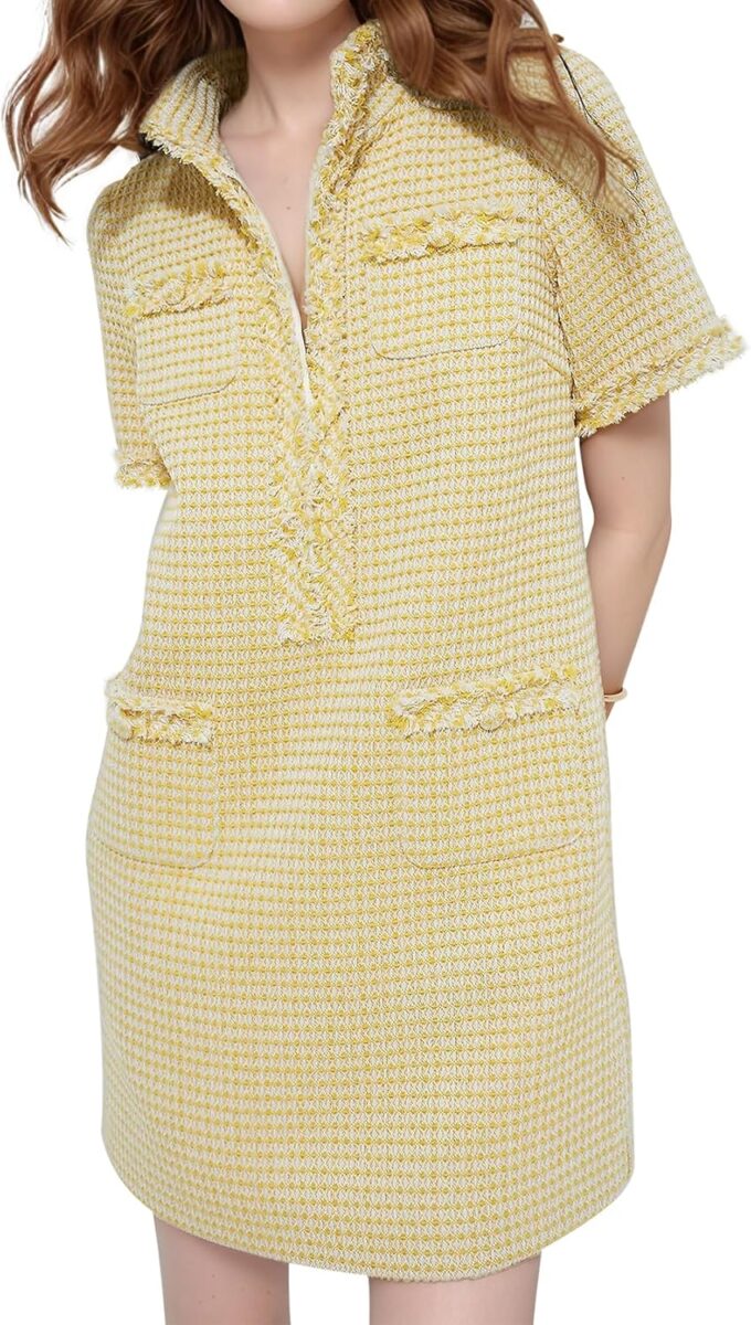 PEHMEA Women's Tweed Dress, Short Sleeve Straight Tube Mini Dress with Pockets for Business Party Work