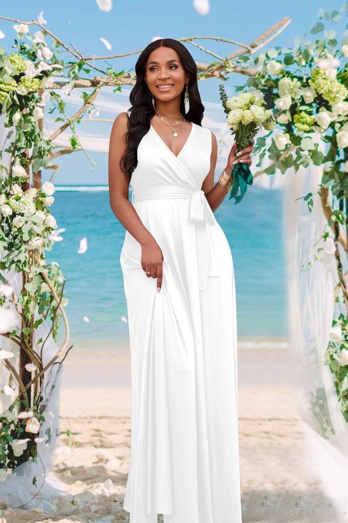 FANDEE Women Summer Semi-Formal Maxi Sleeveless Empire Waist V Neck A-Line Flowy Waist Belted Casual Vacation Cocktail Dress – Bild 3