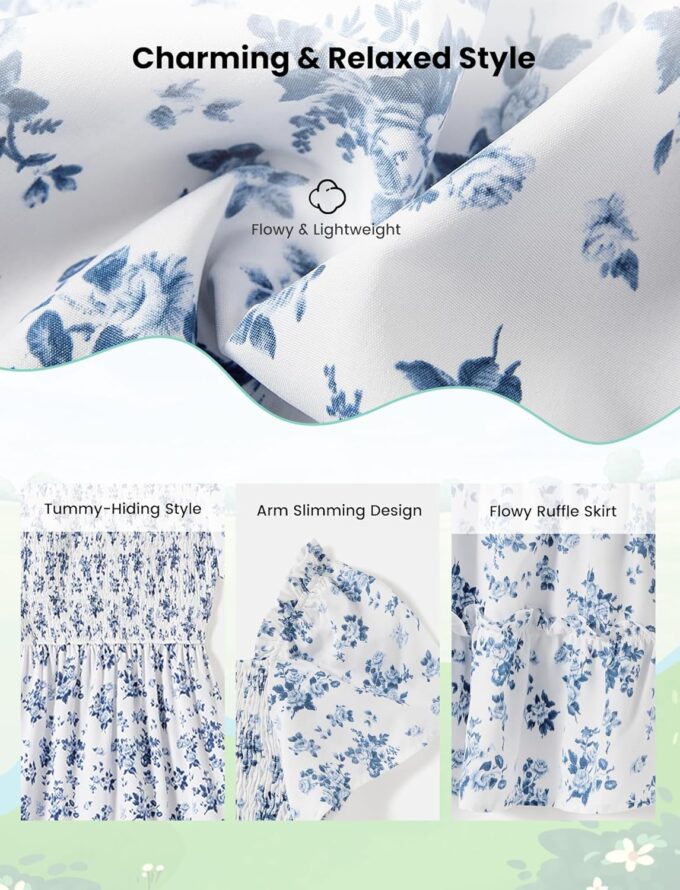 PATPAT Family Matching Outfits Boho Floral Print Square Neck Puff Sleeve Smocked Dress and Short Sleeve T-Shirts Matching Set – Bild 5