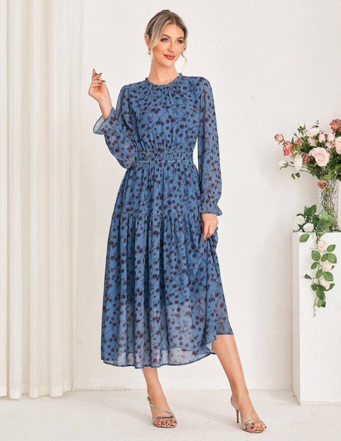 GRACE KARIN Women's Long Sleeve Maxi Dress Fall 2025 Chiffon Flowy Wedding Guest Dresses Floral Tiered Dress with Pockets – Bild 4