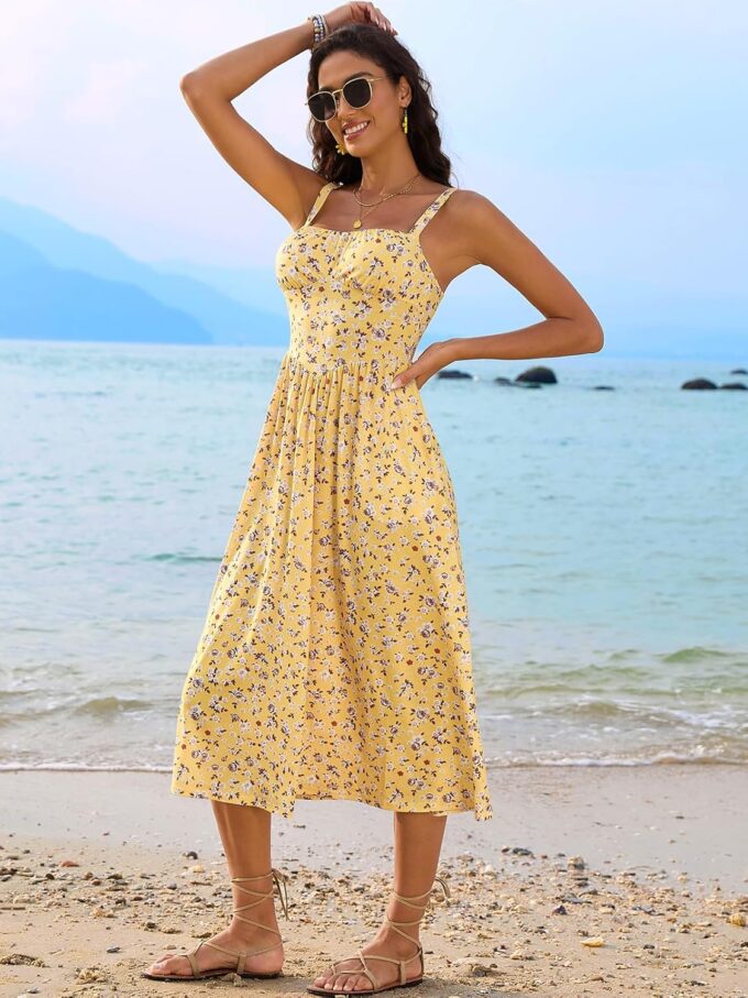 Sureple Long Dresses for Women 2025 Sleeveless Ruched Bust Swing Aline Fitted Spaghetti Strap Sundress with Pockets – Bild 4