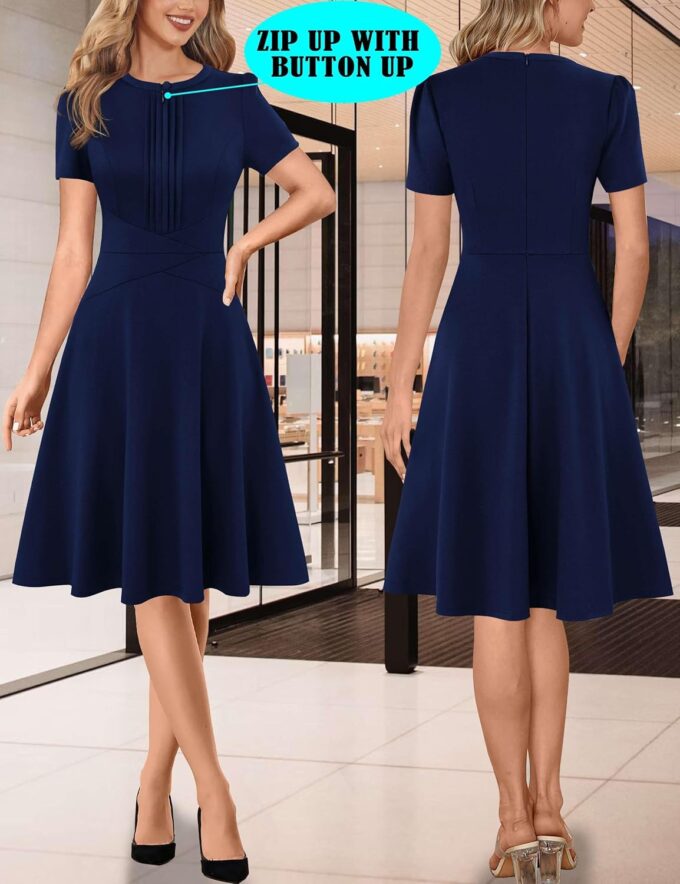 VFSHOW Damen Sommerkleid, Arbeit, Business, plissiert, Rundhalsausschnitt, Reißverschluss vorne, Knopfleiste, Büro, schmale A-Linie, Passform und ausgestelltes Kleid – Bild 5