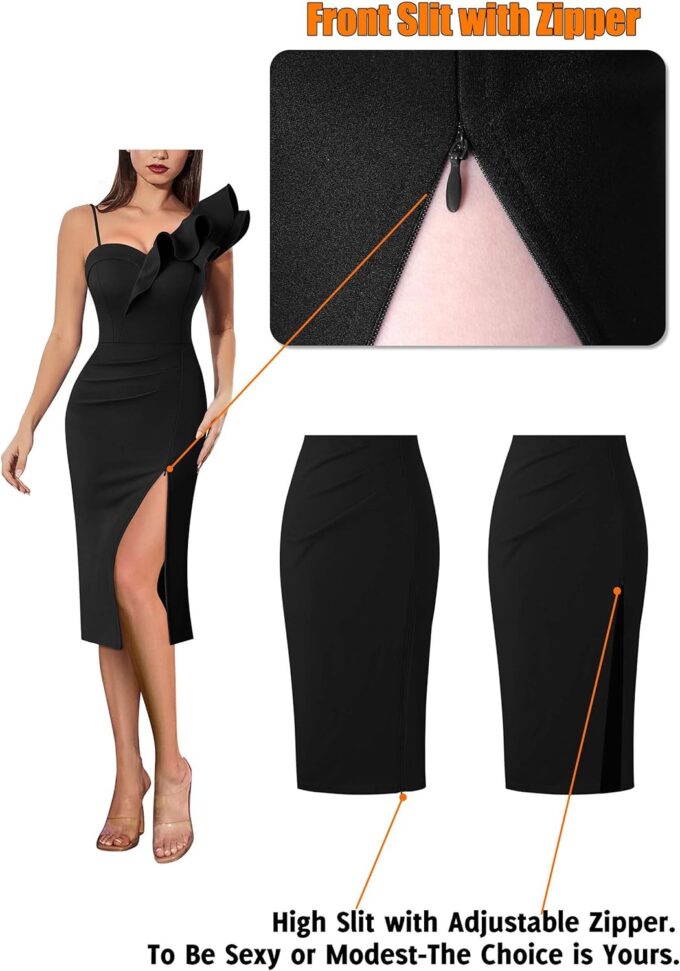 VFSHOW Women Ruffle One Shoulder Strap Ruched Cocktail High Slit Bodycon Dress Sexy Sweetheart Neck Short Wedding Guest Dress – Bild 5