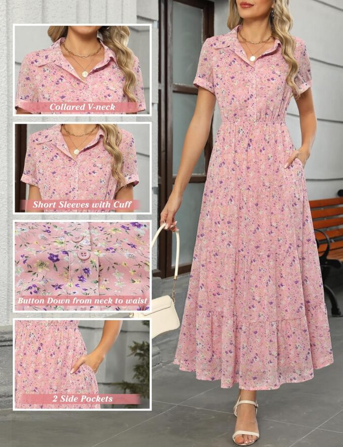 Kranda Women 2025 Summer Collared V Neck Short Sleeve Button Down Chiffon Long Tiered Floral Maxi Dress with Pockets – Bild 4