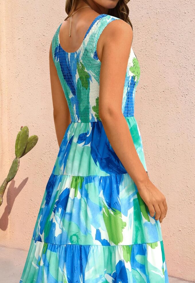 PRETTYGARDEN Smocked Tank Floral Maxi Dresses for Women 2025 Wedding Guest Dress Sleeveless Flowy Long Sundress with Pockets – Bild 6