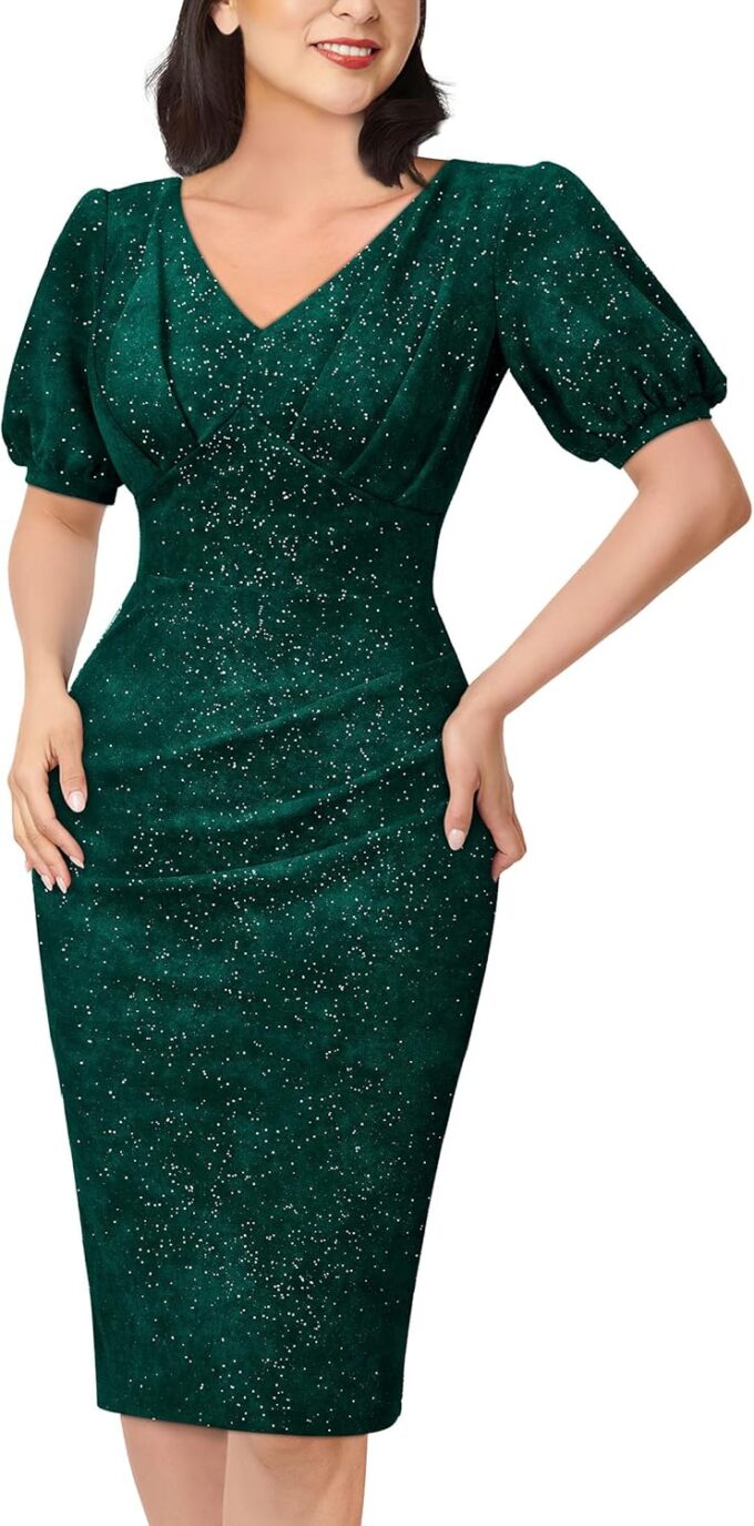 Miusol Women's Retro V-Neck Elegant Glitter Wrap Ruched Puff Sleeve Cocktail Party Dress