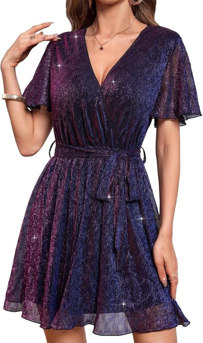 Sparkly Mesh Glitter Dress A Line V Neck Short Dress with Ruffled Sleeves Wrap Waist Wedding Guest Cocktail Party