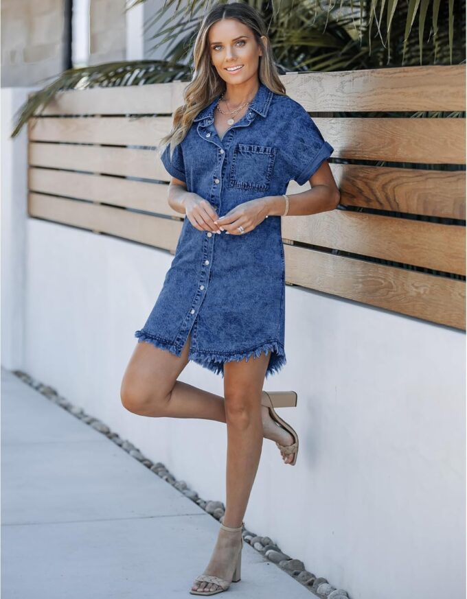 luvamia Denim Dress for Women Button Down Short Sleeves Casual Summer Jean Shirt Dresses with Pockets Frayed Hem – Bild 8
