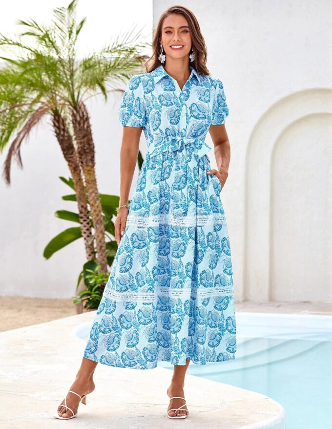 GRACE KARIN Women's 2025 Summer Floral Flowy Dresses Boho Tie Belt Short Puff Sleeve A Line Maxi Shirt Dress with Pocket – Bild 7