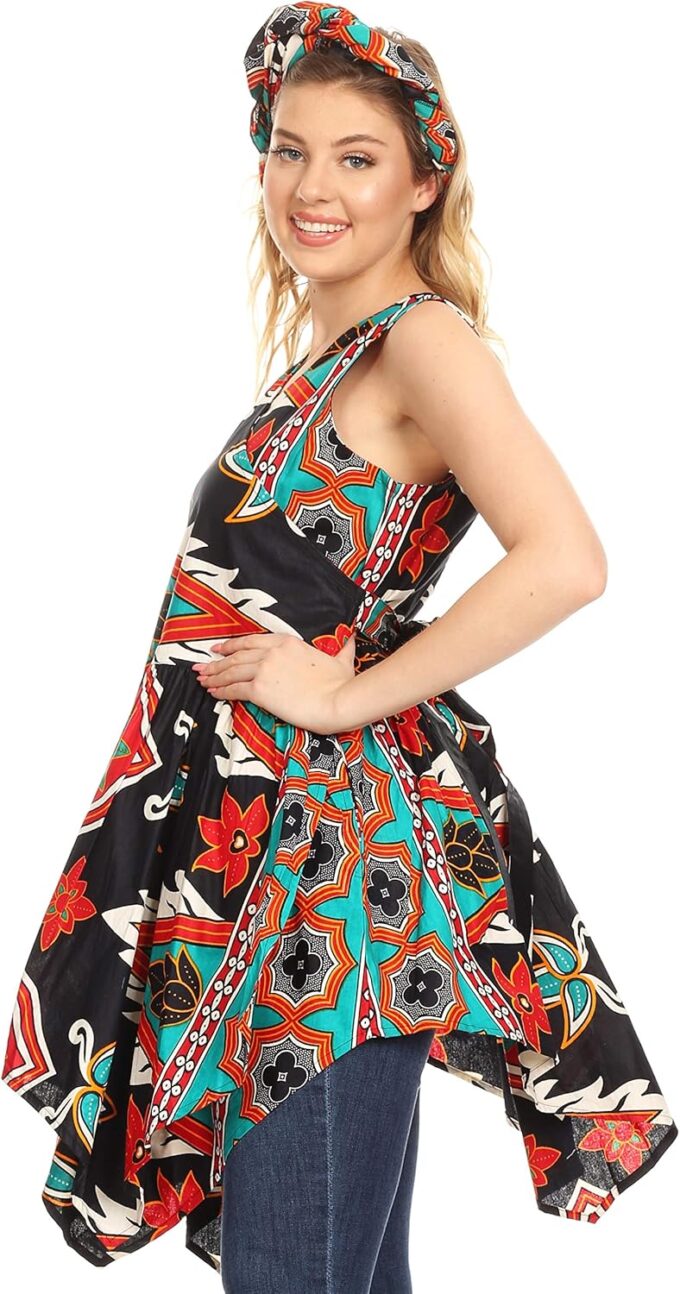 Sakkas Vale Womens African Ankara Sleeveless Short Cocktail Wrap Dress with Pocket