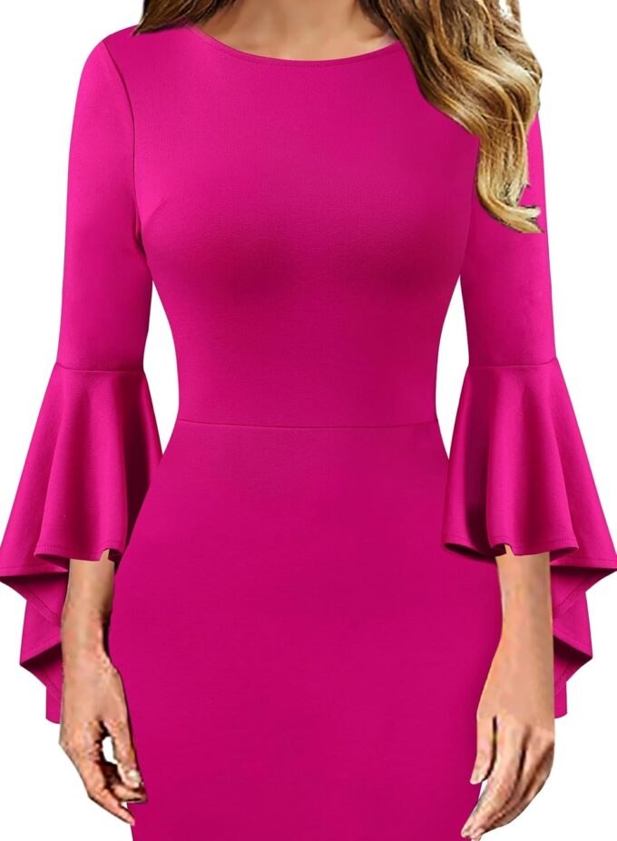 VFSHOW Womens Ruffle Bell Sleeves Business Cocktail Party Bodycon Pencil Sheath Dress – Bild 3