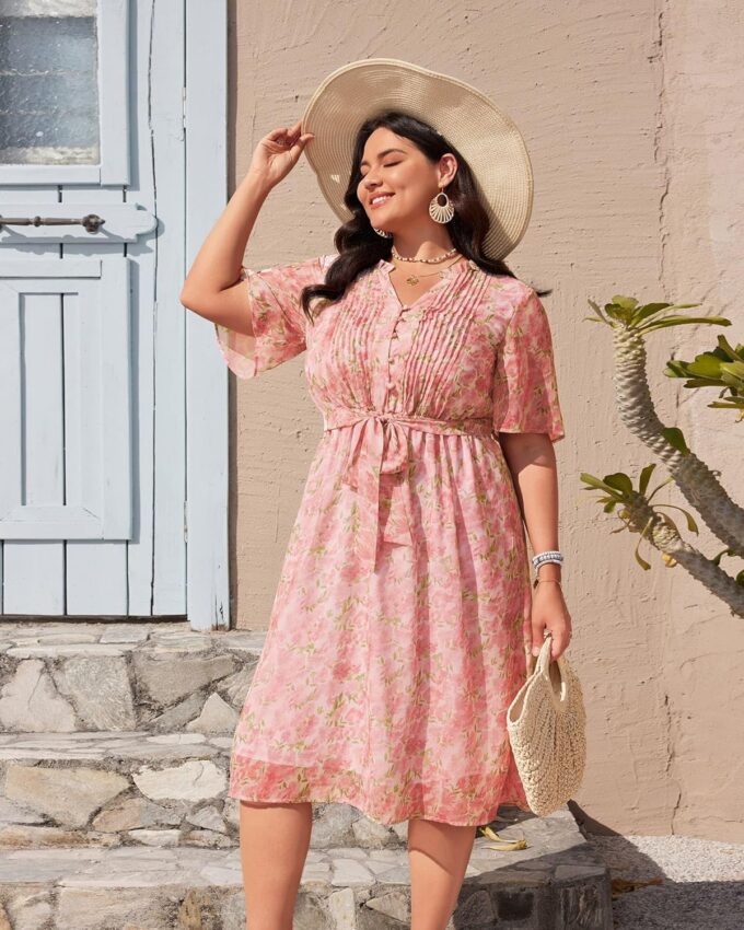Plus Size Pink Floral Dress for Curvy Women V Neck Short Sleeves High Waisted Boho Midi Dress with Pockets – Bild 2