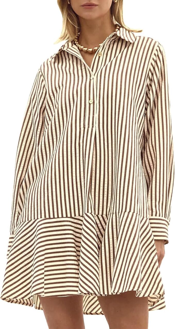 Womens Striped Shirt Mini Dress Long Sleeve Collared Ruffle Hem Button Up Tunic Flowy Swing Dresses – Bild 2