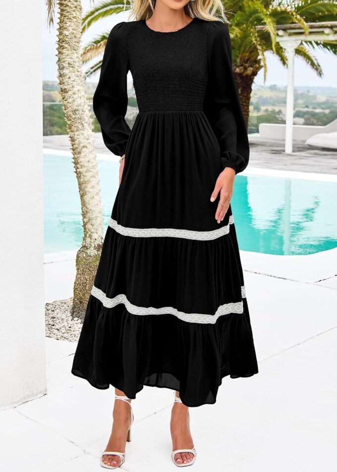 KIRUNDO Womens Smocked Long Sleeve Maxi Dress Wedding Guest Spring Fall Boho Tiered Lace Trim Flowy Long Dresses Pockets – Bild 3