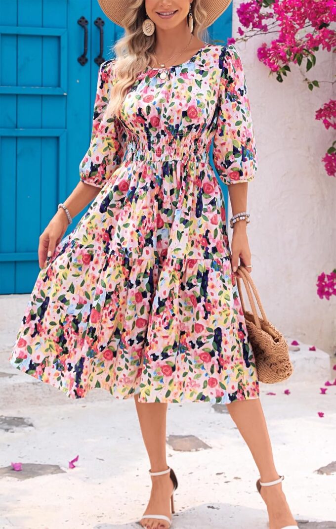 Kormei Women Casual Boho Floral Round Neck 3/4 Sleeve Smocked Waist Tiered A Line Flowy Swing Midi Dress Long Dresses – Bild 4