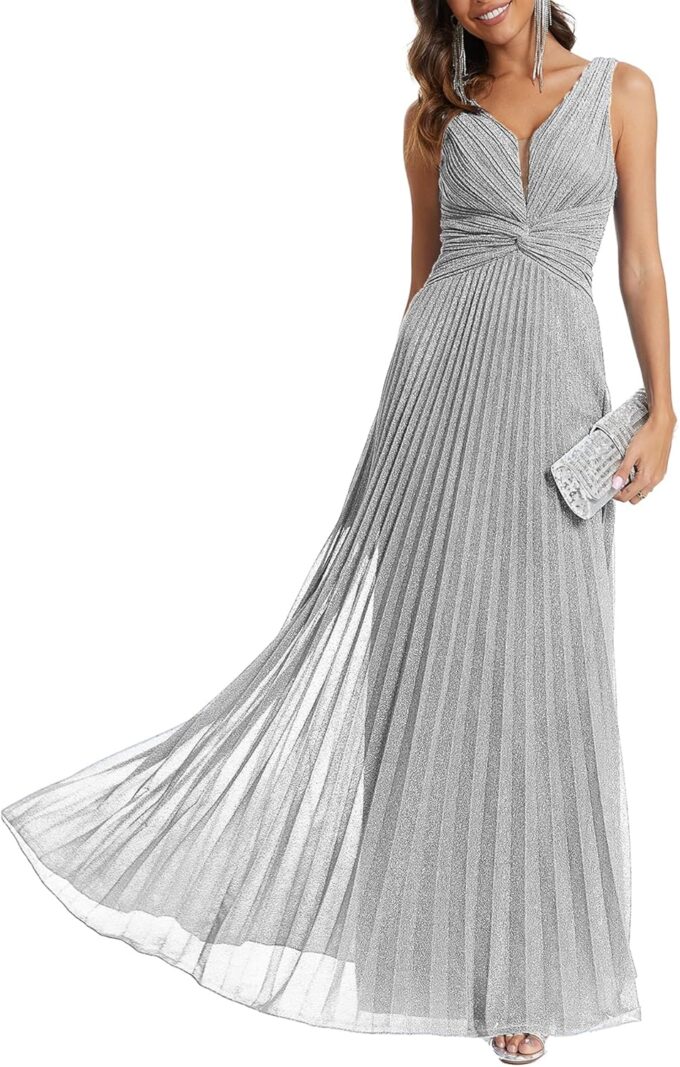 Women's V Neck High Waist Pleated Evening Dress Sleeveless A-Line Gown with Waist Tie – Bild 6