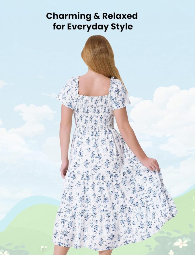 PATPAT Family Matching Outfits Boho Floral Print Square Neck Puff Sleeve Smocked Dress and Short Sleeve T-Shirts Matching Set – Bild 4