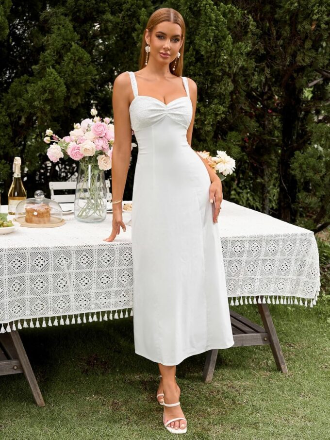 EYNMIN Lace Strap Midi Dress Sweetheart Neckline Bow Tie Backless A Line Wedding Guest Dresses for Women Casual Sundress – Bild 5