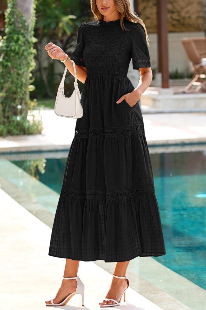 dowerme Summer Dresses for Women 2025 Casual Boho Hollow Out Short Sleeve Ruffle Mock Neck Smocked Maxi Gingham Sundress – Bild 4