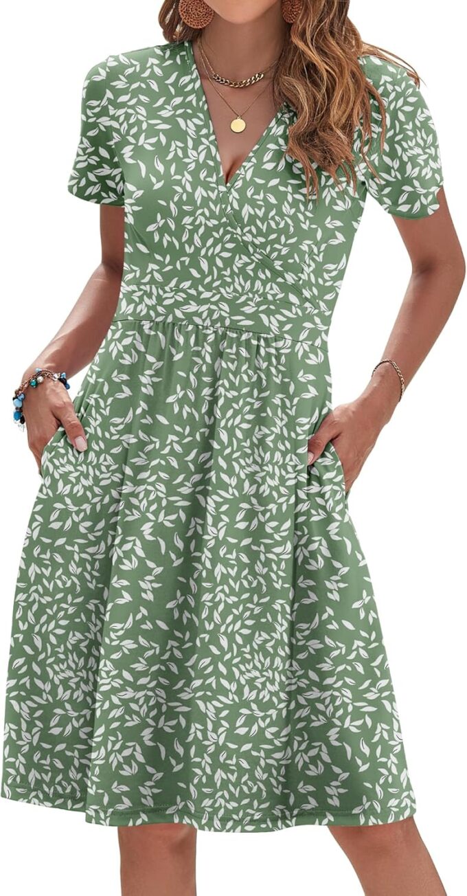 AUSELILY Womens Summer Dresses 2025 Short Sleeve V Neck Floral Sundress with Pockets