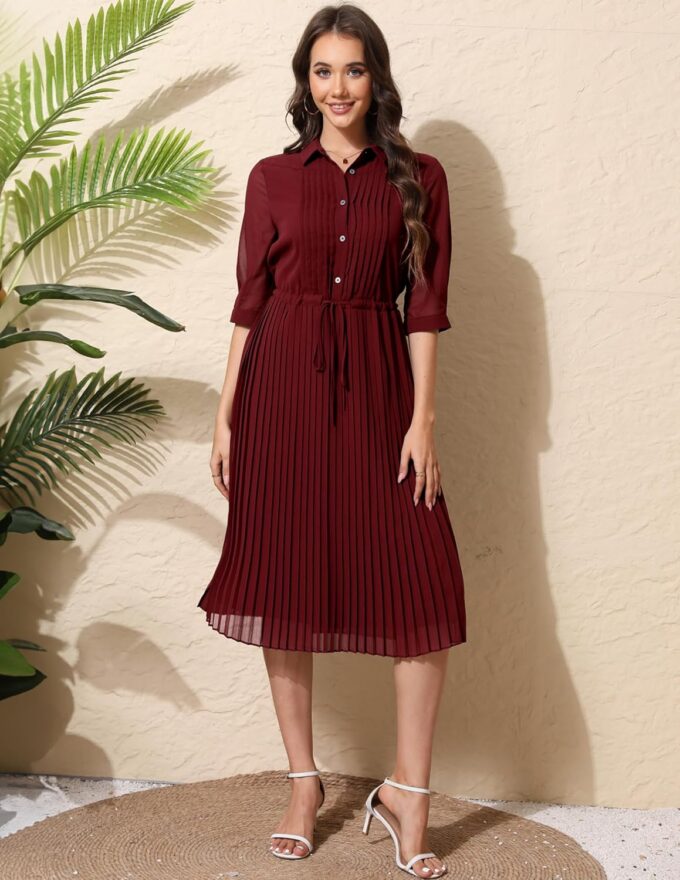 Women V Neck 3/4 Sleeve Pleated A-Line Dress with Belt Swing Midi Dresses for Spring Summer Autumn – Bild 5