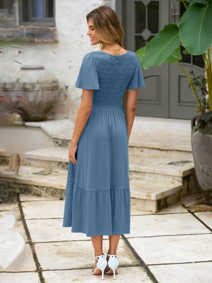 Simplee Womens Summer Smocked Flowy Dress - Casual Flutter Sleeve Tiered Boho Maxi Dresses with Pockets – Bild 6