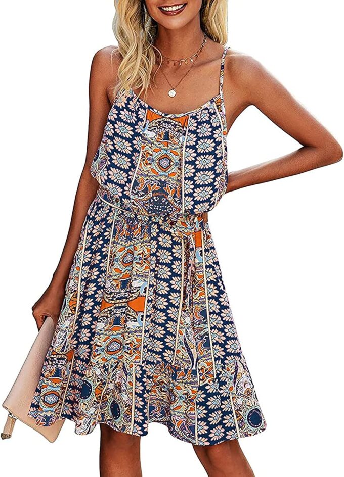 PRETTYGARDEN Women's Summer Mini Sundress Casual Spaghetti Strap Dresses Floral Sleeveless Ruffle Short Dress with Belt