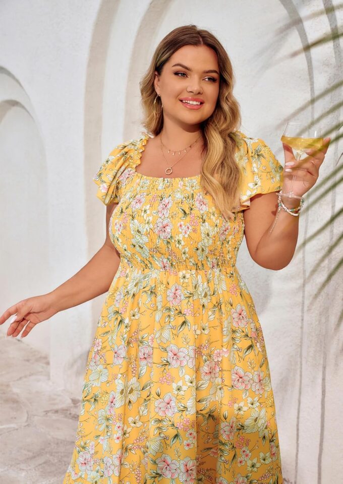 Hanna Nikole Women's Plus Size Summer Maxi Dress Short Sleeve Smocked Square Neck Casual Floral Flowy Dresses with Pockets – Bild 8