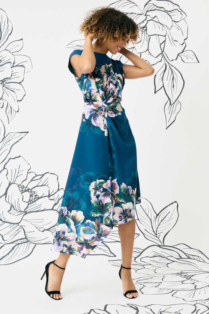 Maggy London Midi Sleeveless with Ruched Waist, Asymmetric Ruffle Hem, Floral Dress for Women – Bild 5