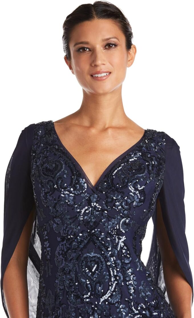 R&M Richards Elegant Beaded Long Gown W/Draped Sleeves & V-Neckline – Bild 2