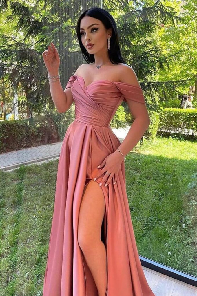 Raseal Off The Shoulder Bridesmaid Dresses A Line Split Satin Party Dress for Women RS018 – Bild 3