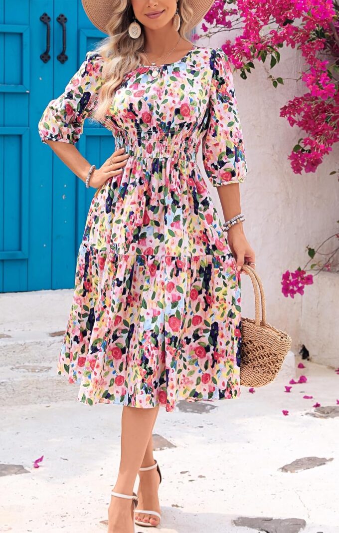 Kormei Women Casual Boho Floral Round Neck 3/4 Sleeve Smocked Waist Tiered A Line Flowy Swing Midi Dress Long Dresses – Bild 2