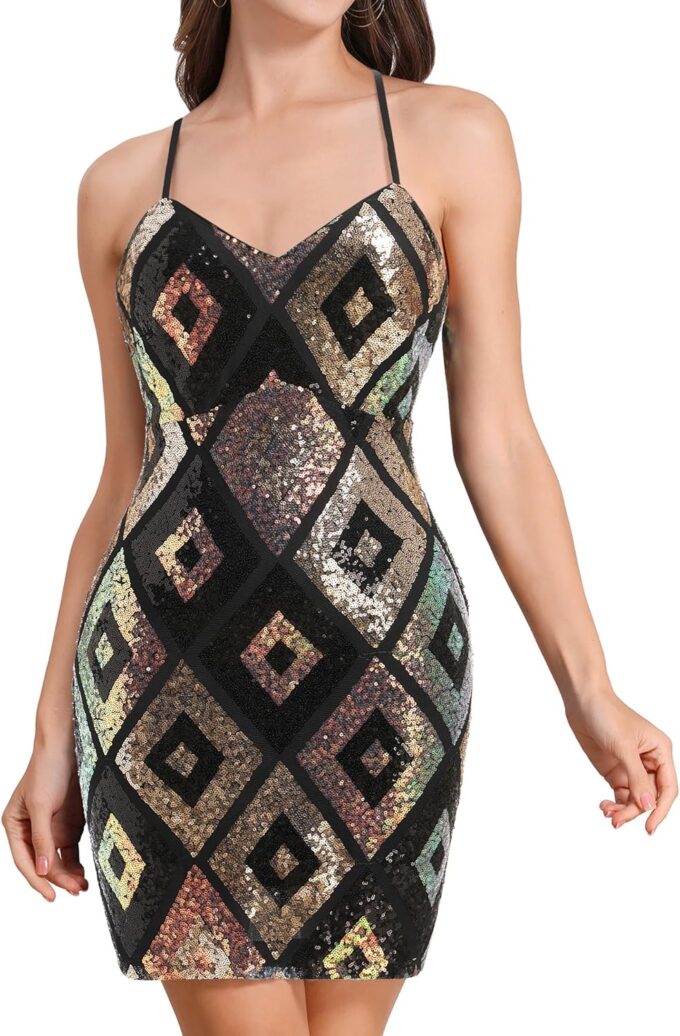 ODIZLI Women's Contrast Sparkly Sequins Glitters Bodycon Mini Dress Party Prom Homecoming Dress