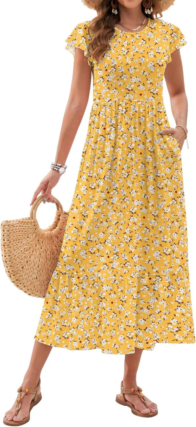 AUSELILY Womens Summer Maxi Dresses 2025 Casual Ruffle Sleeve Crewneck Loose Flowy Tiered Beach Sundress with Pockets