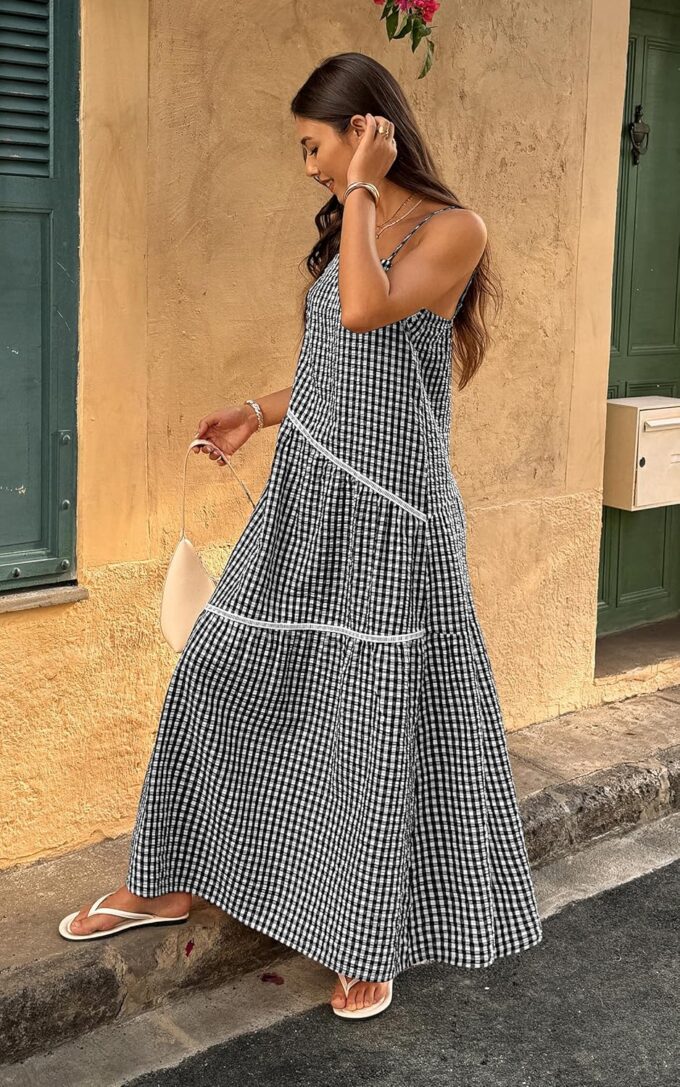 ECOWISH Women Sleeveless Maxi Dress: Summer Spaghetti Strap Casual Loose Boho Beach Dress Asymmetric Tiered Flowy Long Dress – Bild 5