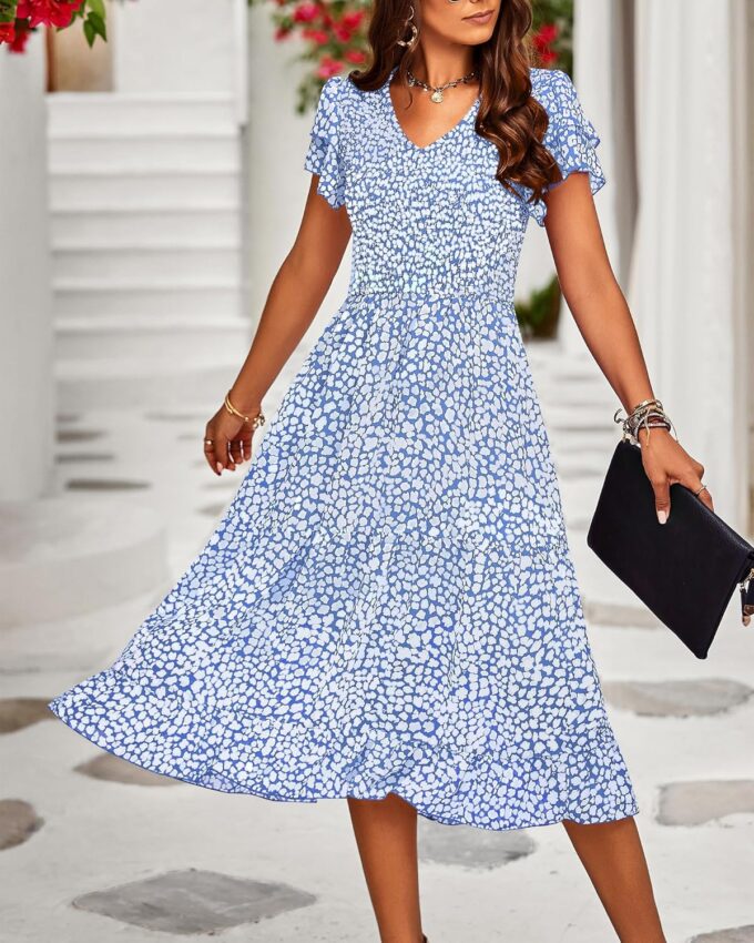 BTFBM Women Casual Summer Short Ruffles Tiered Sleeve Smocked Midi Dresses Bohemian Floral V Neck Wedding Guest Long Dresses – Bild 2