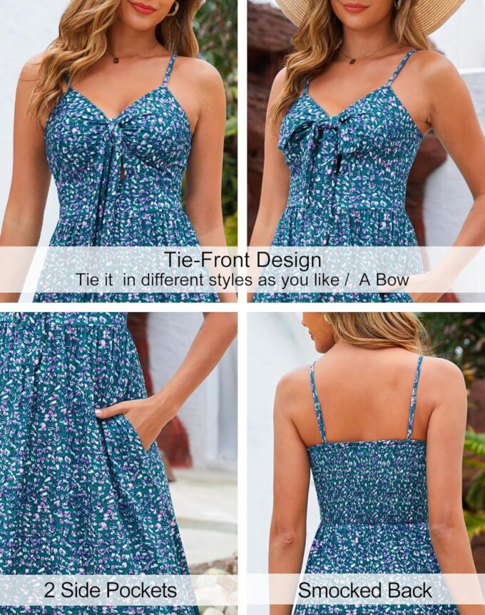 Kranda Women 2025 Summer Sundress High Waist Tie Front Spaghetti Strap Ruffle Long Beach Floral Maxi Dress with Pockets – Bild 4