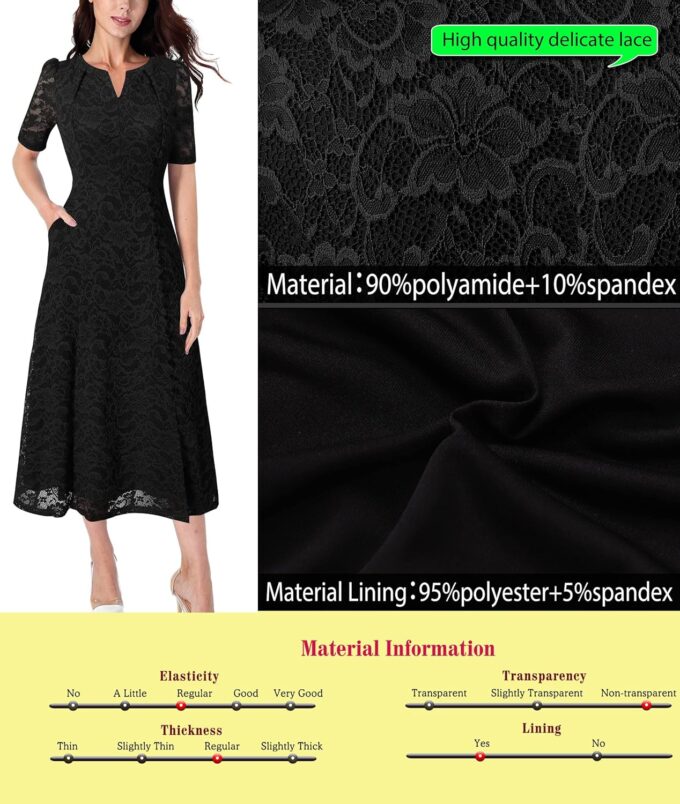 VFSHOW Women Pleated Notch V Neck Pockets Buttons Work Office Business A-Line Midi Dress – Bild 6