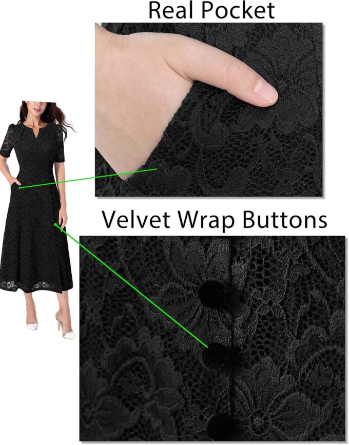 VFSHOW Women Pleated Notch V Neck Pockets Buttons Work Office Business A-Line Midi Dress – Bild 5