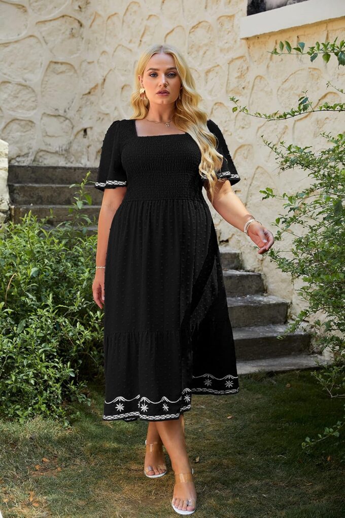 Glamaker Women's Plus Size Summer Casual Short Sleeve Smocked Square Neck A Line Flowy Midi Dress Long Dress – Bild 2