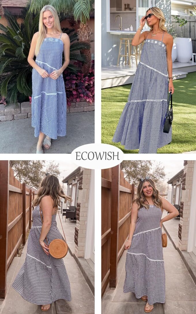 ECOWISH Women Sleeveless Maxi Dress: Summer Spaghetti Strap Casual Loose Boho Beach Dress Asymmetric Tiered Flowy Long Dress – Bild 4