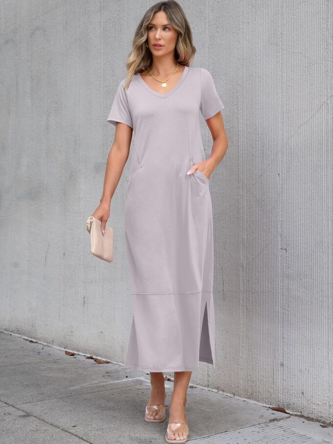 ANRABESS Women's Summer Casual Short Sleeve Long T Shirts Maxi Dresses V Neck Split 2025 Beach Vacation Dress with Pockets – Bild 7