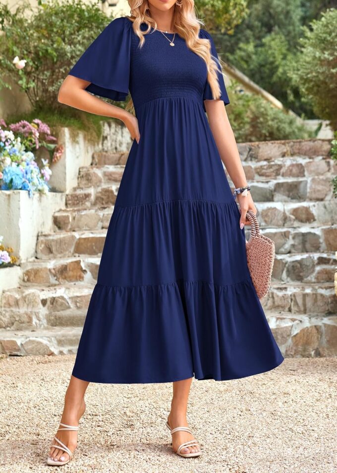 KIRUNDO Womens Fashion 2025 Spring Summer Casual Flutter Short Sleeve Midi Dress Smocked Tiered Aline Going Out Dresses – Bild 4