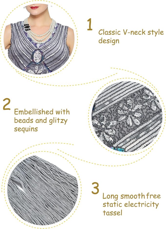 Metme Women's Flapper Dress 1920s V Neck Beaded Fringed Gatsby Theme Roaring 20s Dress for Prom – Bild 5